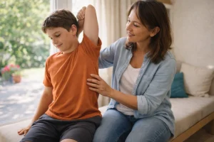 Szülő és kamasz fia beszélgetnek a helyes testtartásról és a hátfájás megelőzéséről.