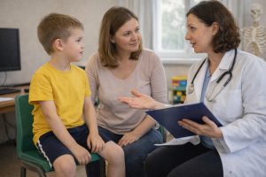 Iskoláskorú gyermek édesanyjával ül egy rendelőben, miközben egy orvos tájékoztatja őket a gyermek mozgásával kapcsolatos további teendőkről.