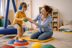 Öt és fél éves kisfiú szenzomotoros terápián egy szenzoros szobában; fülvédőt visel hallási túlérzékenység miatt, miközben egyensúlyfejlesztő eszközön gyakorol szakember támogatásával.
