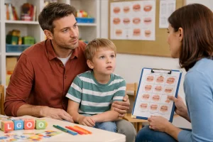 Édesapa és kisfiú logopédiai konzultáción: a szülő figyelmesen hallgatja a logopédus tájékoztatását a gyermek beszédfejlődéséről egy barátságos fejlesztőszobában.