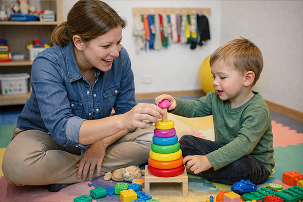 Szakember egy kisfiúval közösen játszik színes építőgyűrűkkel a korai fejlesztés keretében, segítve a finommotorika és a kognitív készségek fejlődését a Fővárosi Pedagógiai Szakszolgálatnál.
