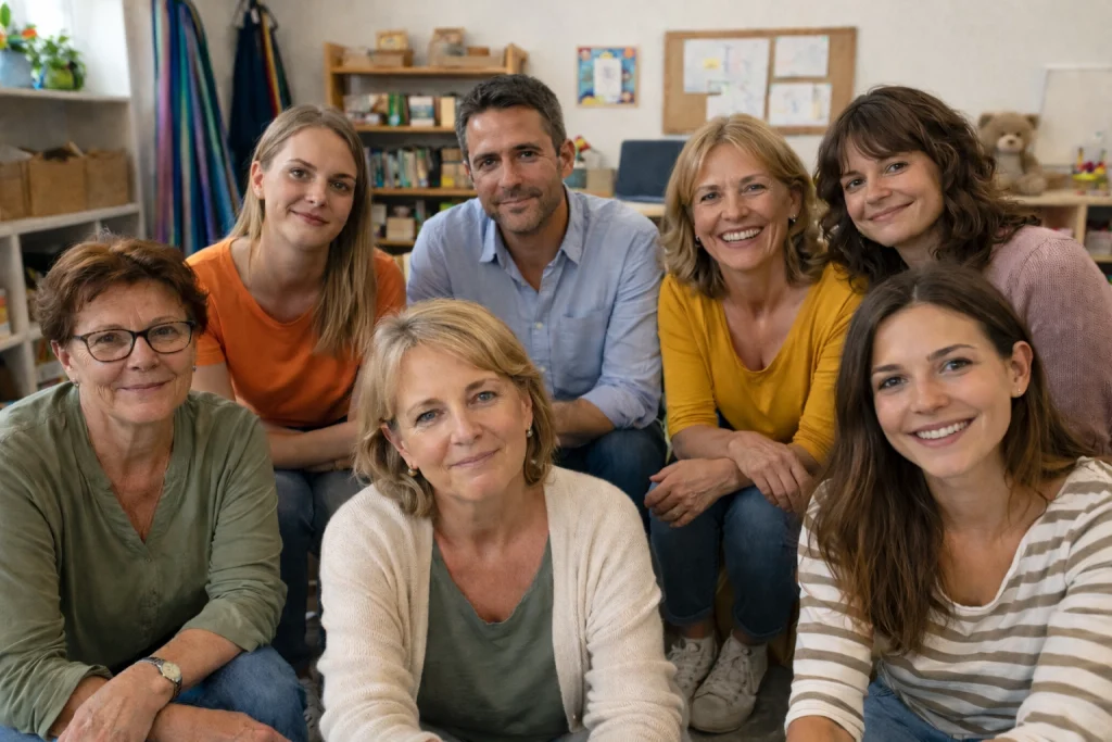 Nyolcfős pedagógiai szakszolgálati csapat egy fejlesztőszobában, természetes arckifejezéssel, barátságos környezetben, könyvekkel és gyerekrajzokkal a háttérben.