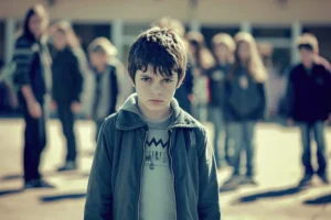 Egy elszigeteltnek tűnő gyermek az iskola folyosóján, szemléltetve az iskolai bántalmazás és a bullying okozta magány és szorongás érzését.